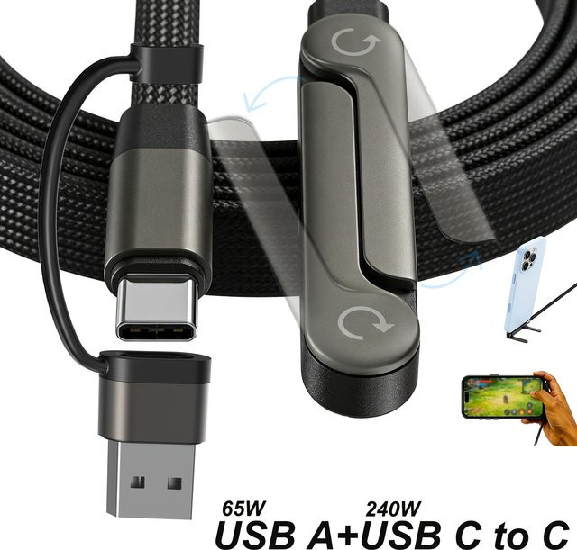 ILEPO 2-in-1 USB-C zu USB-C Schnellladekabel mit integriertem Telefonständer, 240W PD-Kabel, Schwarz - Bild 1