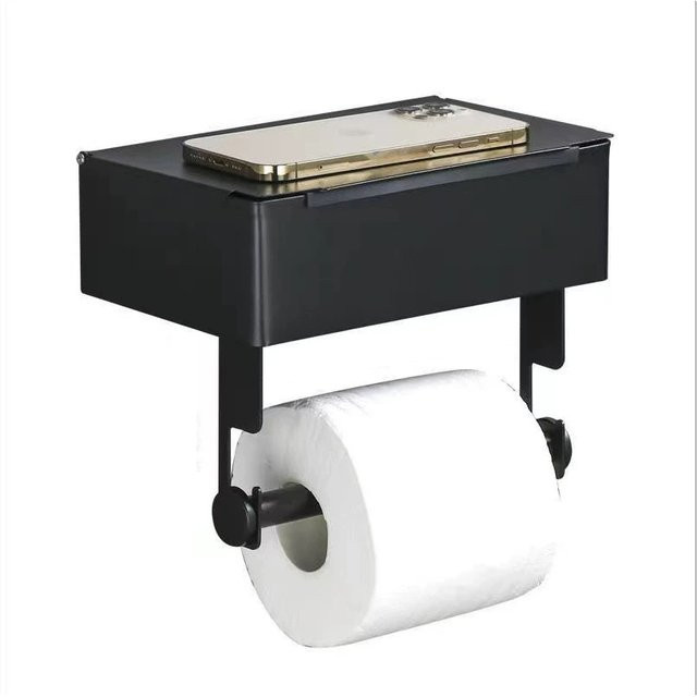Edelstahl Toilettenpapierhalter in Schwarz als Wandhalterung mit Staubschutz und Regal Organizer für dein Badezimmer - Bild 1