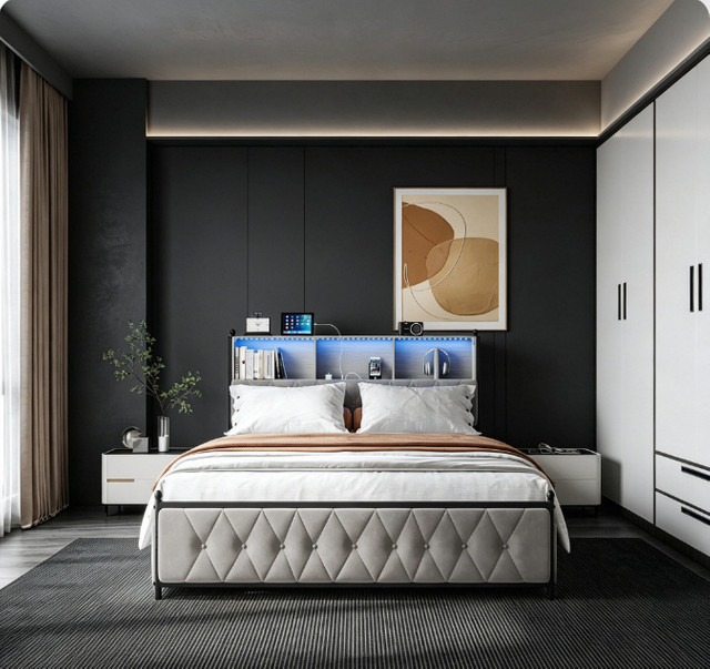 Rosahqnda Modernes Polsterbettgestell in Beige mit Schubladen, LED-Bücherregal-Kopfteil, USB-Anschlüssen und Unterbettbeleuchtung, B/T: 140 x 200 cm - Bild 1