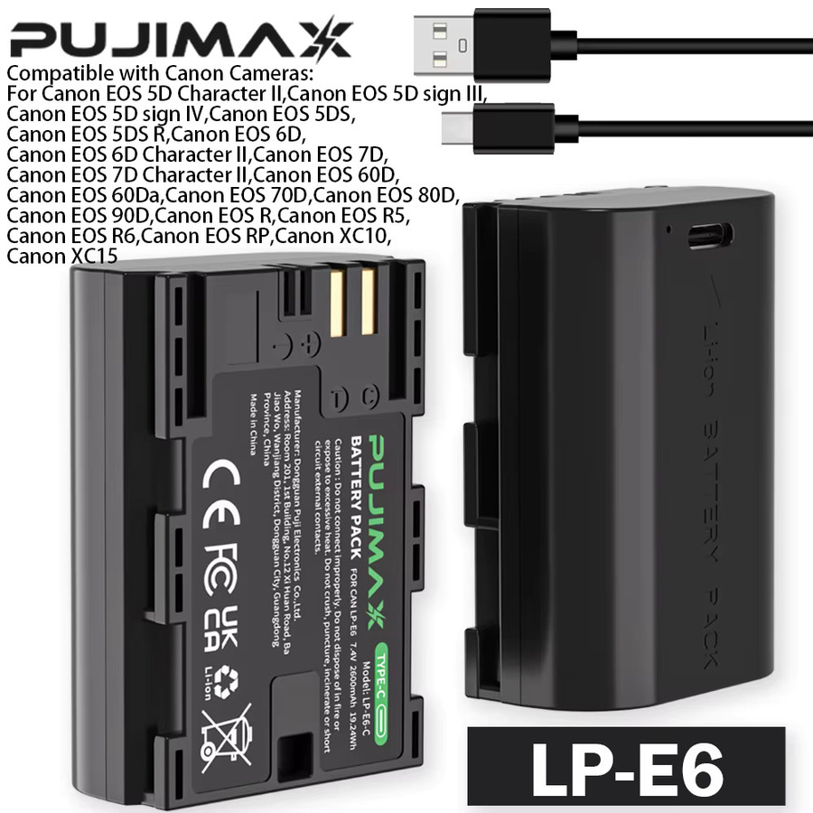 PUJIMAX LP-E6NH Ersatzakku mit 2600mAh und USB-C-Eingang für Canon R7 R5 R6 5D IV 6D II 7D II 60D in Schwarz - Bild 2