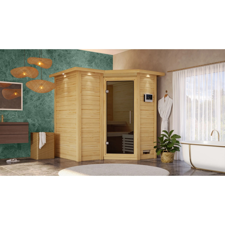 Karibu Massivholzsauna SAHIB 1 in Graphit mit 9,0 kW BioKombiofen, Steuergerät, Dachkranz und Ganzglastür, B/T/H: 193 x 184 x 200 cm - Bild 3