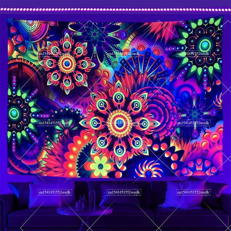 Boho Wandteppich mit buntem Mandala und floralem Design, UV-reaktiver Wandbehang in Multicolour, Breite: 150 cm, Höhe: 180 cm