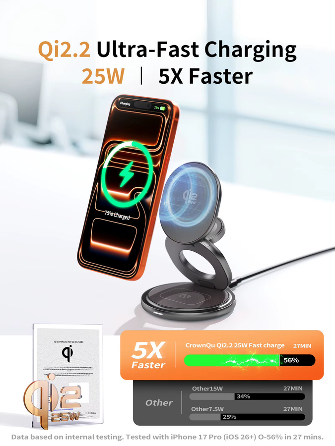 CrownQu Tragbares 25W Metall Wireless Ladegerät Qi 2.2 Schnelle Ladestation mit 360 Grad drehbarer Halterung und Ständer in Silber für iPhone, Apple Watch und AirPods - Bild 7