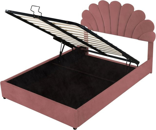 Merax Polsterbett mit Stauraum und Hydraulik aus Samt in Rosa, B/T/H: 140 x 200 x 43 cm - Bild 1