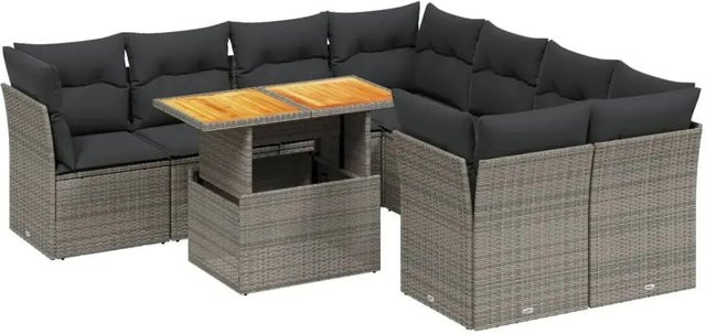 vidaXL 9-teilige Garten-Sofagarnitur in L-Form aus Poly-Rattan und Akazienholz mit Kissen in Grau - Bild 1