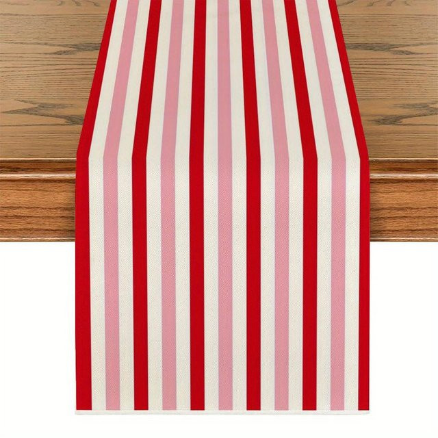 JMG Household Supplies Weihnachts-Tischläufer aus Leinen in Rot, Rosa und Beige mit Streifenmuster, B/H: 150 x 33 cm - Bild 1