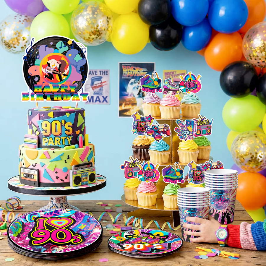 Potdemiel 128-teiliges 90er-Jahre Geburtstags-Dekorationsset in Multicolour mit Party-Banner, Luftballons, Kuchendekoration, Tellern und Servietten aus Papier im Retro-Stil - Bild 4