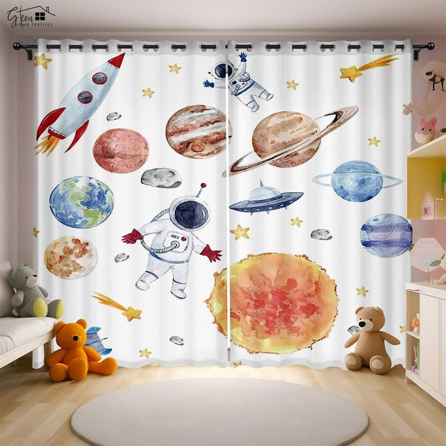 Luftfahrt Cartoon Gardinen mit Astronauten und Raketenstart, 2er-Set, halbtransparent, Mehrfarbig, Breite: 50 cm, Höhe: 130 cm - Bild 1