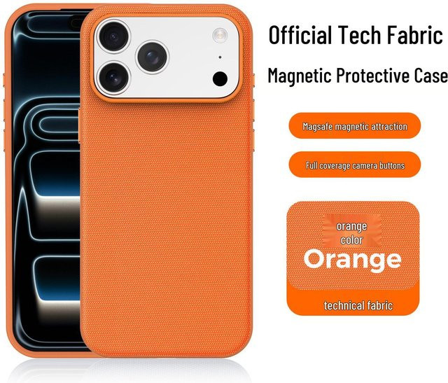 Magnetische Tech-Tuch Handyhülle für Apple iPhone 15 Pro, 15 Pro Max, 16 Pro Max und 17 Pro Max mit Kameraschalter-Schutz in Orange - Bild 1