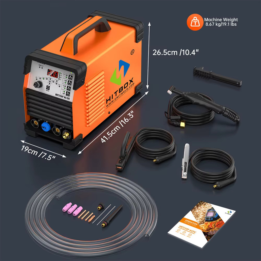 HITBOX HBT250P AC/DC TIG-Schweißgerät mit Puls-Inverter-Technologie für Aluminium, Edelstahl und Kupfer, HF TIG 2T/4T und MMA ARC, digitale Anzeige, 220V - Bild 6