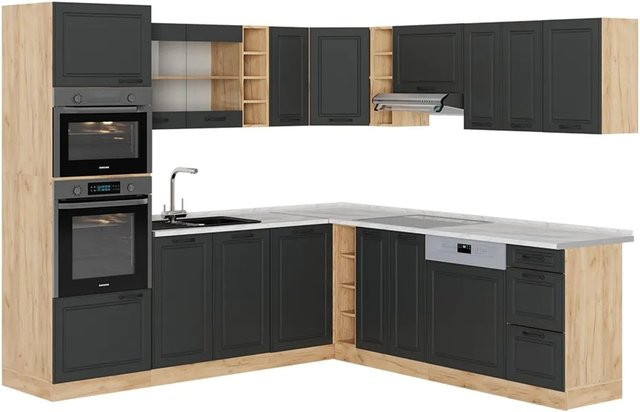 Vicco R-Line Eckküche Landhausstil in Anthrazit und Goldkraft Eiche mit Marmor-Optik B/T/H: 237 x 247 x 81,6 cm - Bild 1