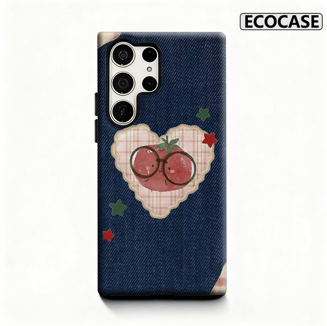 Samsung Handyhülle im Denim-Stil mit Tomaten-Design für Galaxy S25 Ultra, S24 und S23 Ultra Plus in Blau mit glänzender doppellagiger Rückseite - Bild 1