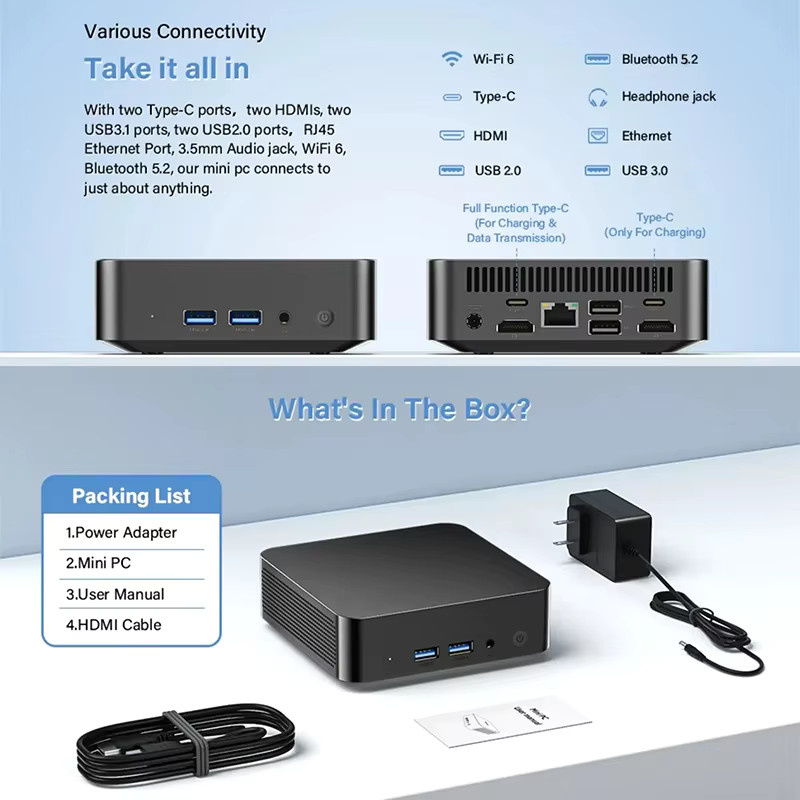 FUCHU Mini-PC mit Windows 11, Intel Core i9 10980HK, 32GB DDR4, 2048GB SSD, WiFi 6 und Bluetooth 5.2, Schwarz - Bild 4