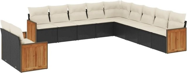 vidaXL 11-teilige Garten-Sofagarnitur in L-Form aus Polyrattan und Akazienholz mit Kissen in Schwarz-Creme - Bild 1