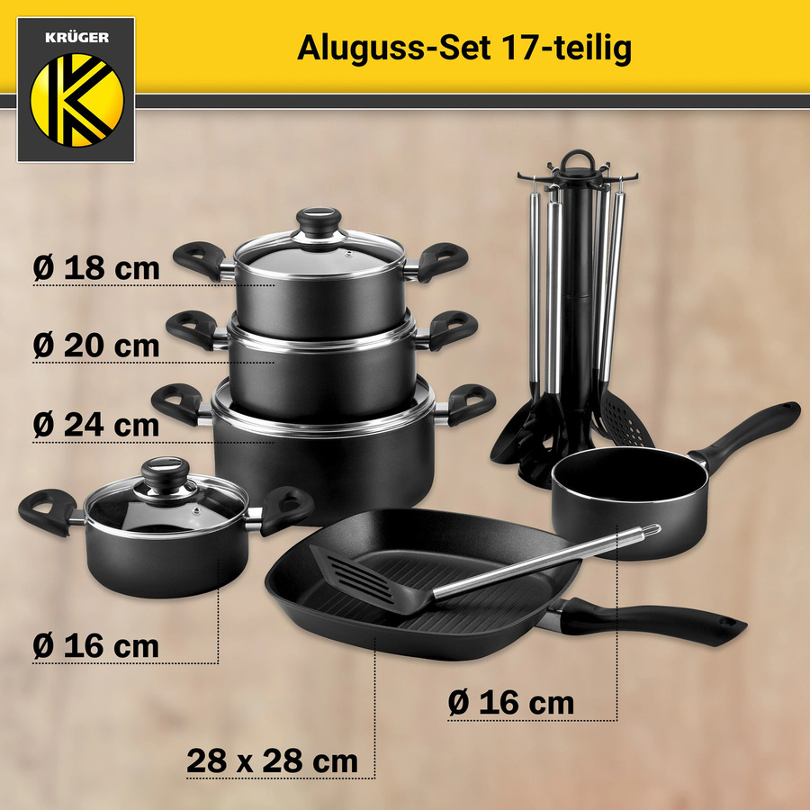 Karl Krüger Aluguss-Topfset, 17-teilig, Schwarz, Antihaftbeschichtung - Bild 2