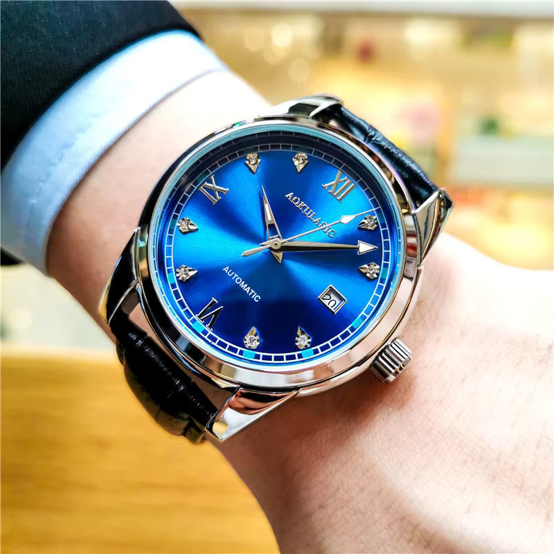 AOKULASIC Armbanduhr Herren, Automatik, Legierung, Leder, Blau, Datum - Bild 2