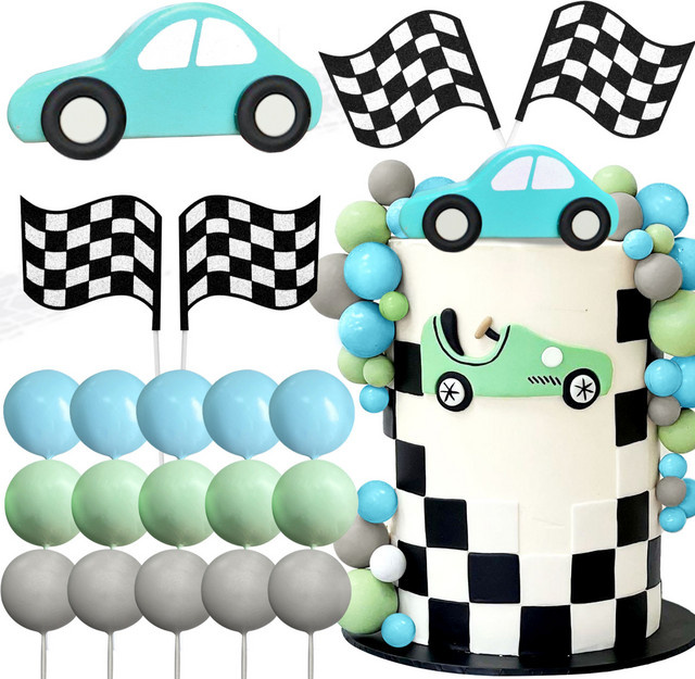 LaVenty Two Fast Cake Topper mit Rennwagen und karierter Flagge für Kindergeburtstage - Bild 1