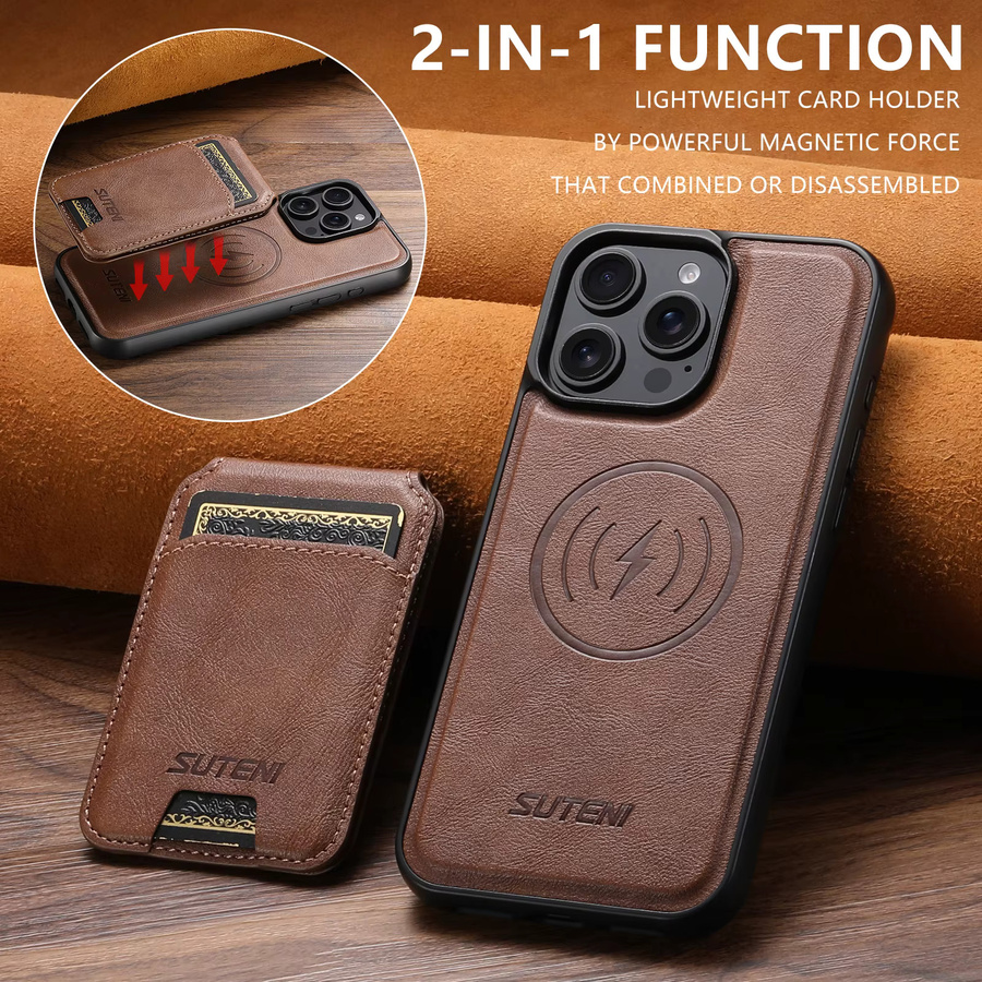 SUTENI Magnetische Handyhülle aus PU-Leder mit Kartenhalter und Ständer für iPhone 17 Pro Max, 16 Plus, 15 Pro, 13 und 12, kabelloses Laden, Schwarz und Braun - Bild 2