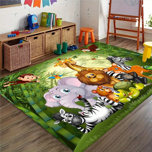 VIKAMA Cartoon-Teppich für Kinder in Grün, rutschfeste und weiche Spielmatte für Wohnzimmer und Schlafzimmer - Bild 1