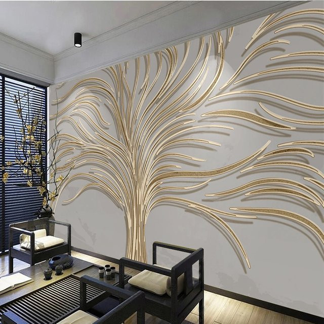 Jiadou 3D Wandtapete mit goldenem Baum und geometrischen Linien in Gold für Wohnzimmer und Schlafzimmer - Bild 1
