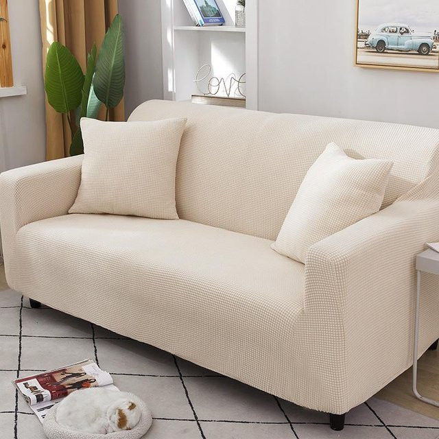 Stretch Sofabezug in Beige, Komplett umwickelter Vollbezug aus kratzfestem Handtuchstoff für alle Jahreszeiten, Breite: 235-300 cm - Bild 1