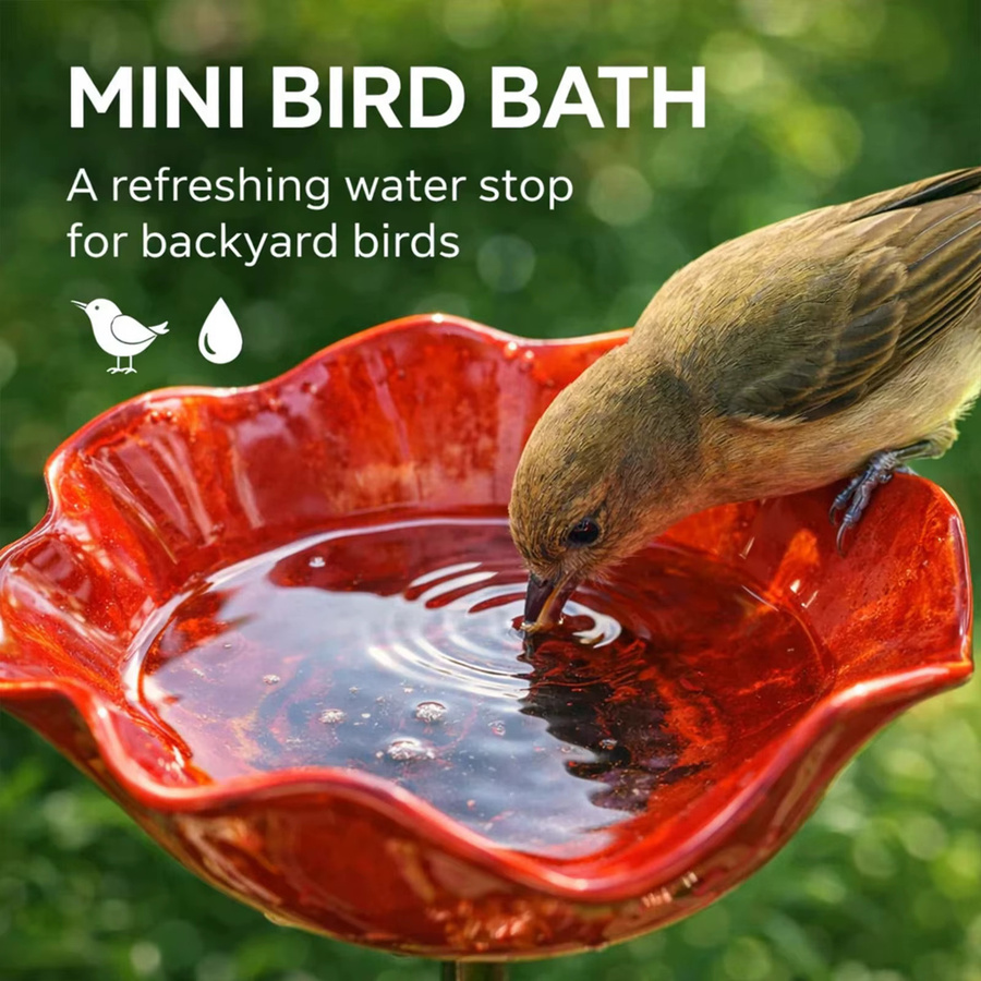 ALLOET Vogelbad aus Metall mit Blumendesign und Schmetterlings-Motiv in Rot als Gartenstecker für Bienen und Vögel - Bild 2
