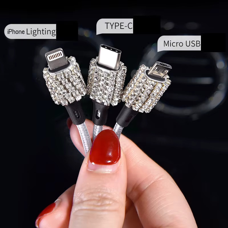 Diamond Crystal 3-in-1 USB-Kabel in Silber für iPhone, USB-C und Micro-USB zum Laden und für die Datenübertragung - Bild 3