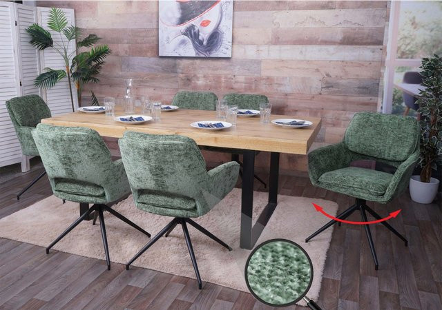 6er-Set MCW Esszimmerstühle N74 mit Auto-Return Funktion in Grün aus Stoff Chenille und Poplar-Holz - Bild 1