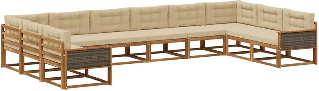 vidaXL Outdoor-Sofagarnitur in U-Form aus massivem Akazienholz mit Polstern und Kissen in Natur-Beige - Bild 1