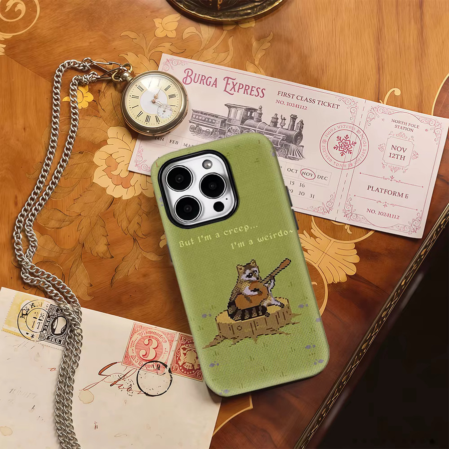 Gehäkelte Waschbär Handyhülle im Indie-Stil für Apple iPhone 17 Pro Max Plus 16 15 14 13 12 11 in Grün mit doppellagiger Rückseite - Bild 3