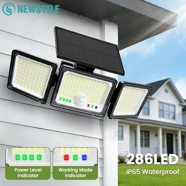 Solarbetriebene LED-Flutlichtleuchte mit 286 LEDs und Bewegungssensor, IP65 wasserdichte Sicherheitsleuchte für den Garten in Schwarz - Bild 1