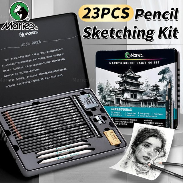 Marie’s 23-teiliges Skizzier-Bleistift-Set für Erwachsene mit Graphitstiften, Kohlestiften, Radiergummi, Spitzer und Papiermischungsstümpfen - Bild 1