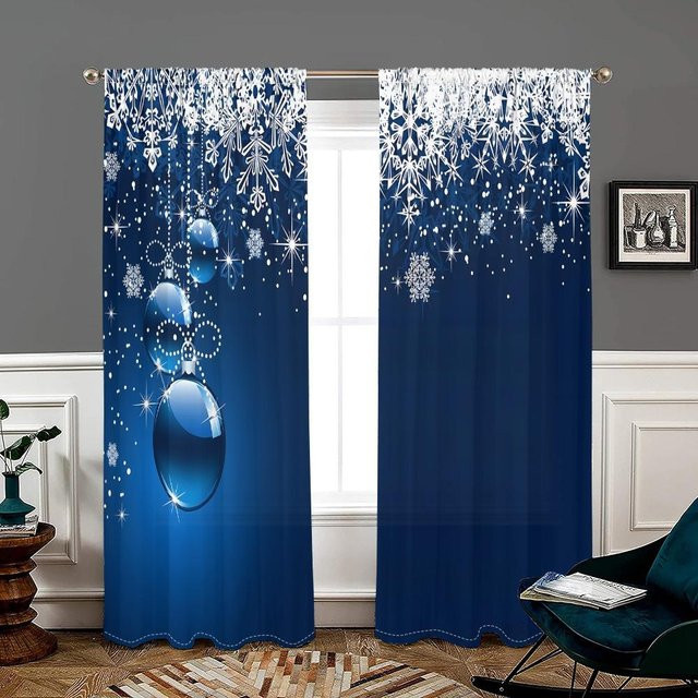 2er-Set Weihnachtsvorhänge mit Schneeflocken-Motiv in Blau, halbtransparent, B 150 cm x H 166 cm - Bild 1