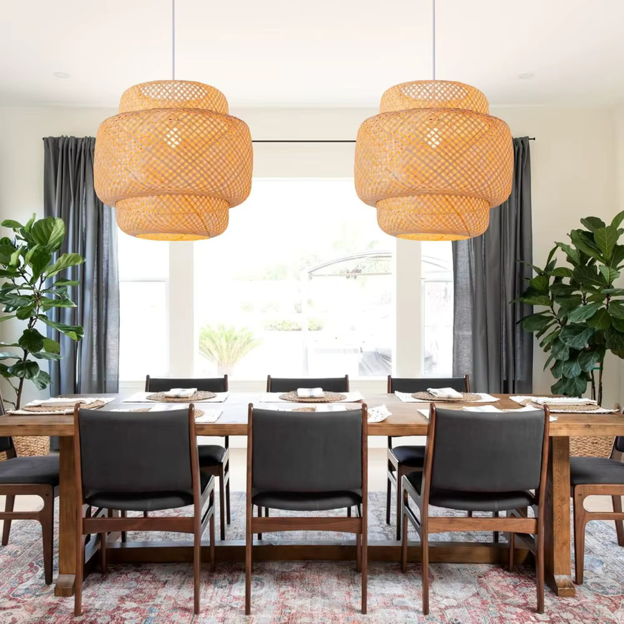 JOYINLED Bambus-Pendelleuchte aus Rattan in Beige, runde Hängelampe im Bauernhaus-Stil für Wohnzimmer, Esszimmer und Schlafzimmer - Bild 2