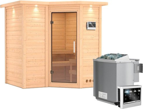 Karibu Sauna Riga 1 Bio-Kombi-Sauna für 3 Personen in Beige mit 9 kW Bio-Kombi-Saunaofen und externer Steuerung, B/T/H: 221 x 198 x 212 cm - Bild 1