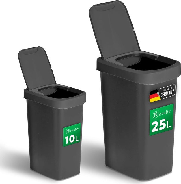 Novaliv Abfalleimer-Set aus Kunststoff in Schwarz mit 2in1 Klappdeckel und Schwingdeckel sowie Geruchsfilter für Bad, Küche und Büro, 10 l und 25 l - Bild 1