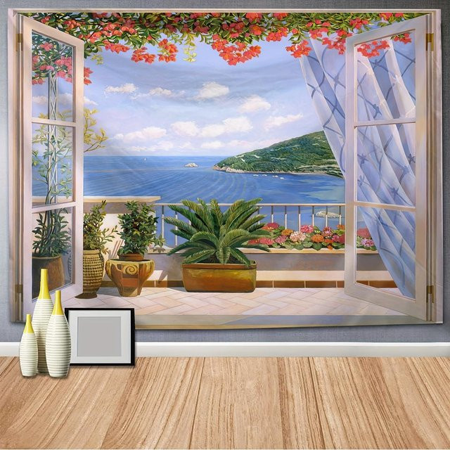 Bling Bling Tapestry Wandteppich mit Wald-Landschaft und Mandala im Boho-Stil, Mehrfarbig, B: 150 cm, H: 130 cm - Bild 1