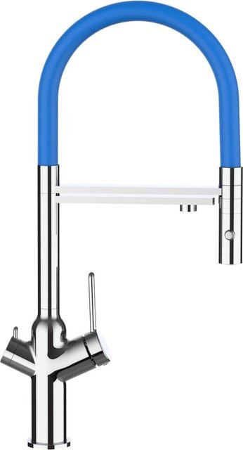 VIZIO Küchenarmatur mit 4-Wege-Wasserhahn, verchromt in Blau, mit 360° schwenkbarem Auslauf und abnehmbarer 2-Strahl Handbrause - Bild 1
