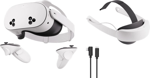 Meta Quest 3S 128GB VR-Headset mit BlueBuilt PC Link-Kabel und Elite Strap mit Akku in Weiß und Blau - Bild 1