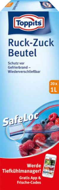 Toppits Gefrierbeutel Ruck-Zuck, 20 Stück, 1 Liter, transparent, wiederverschließbar und auslaufsicher - Bild 1