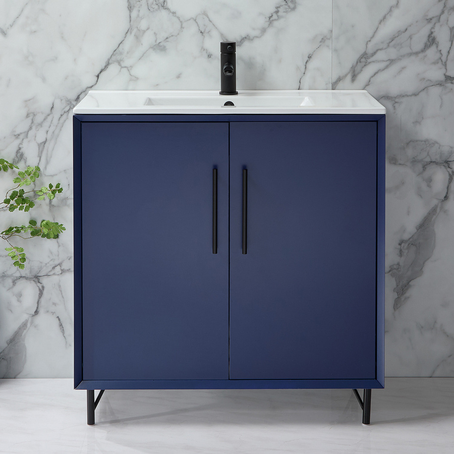 Waschtischunterschrank mit Waschbecken HudsonReed Edge in Dunkelblau mit schwarzen Griffen und Soft-Close-Türen, Breite: 81 cm - Bild 1
