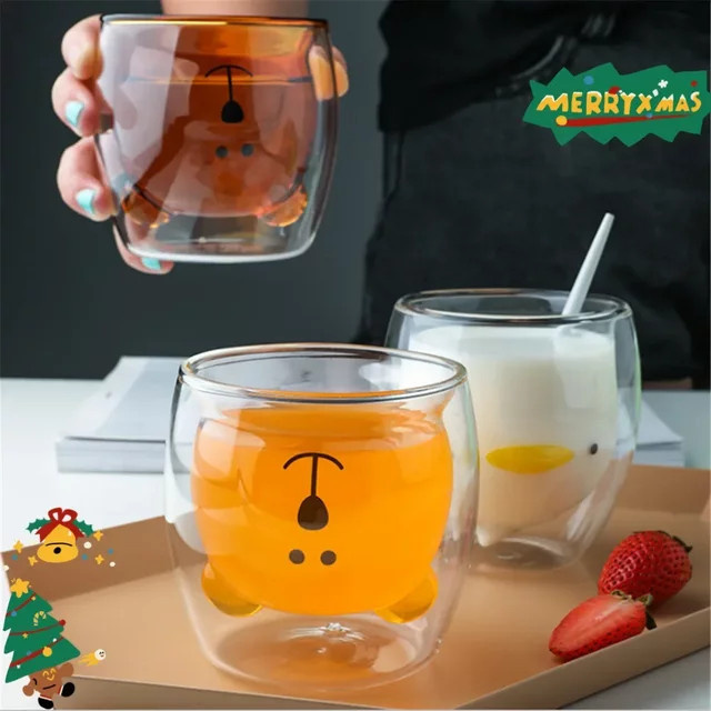 Venlohome Doppelwandiger Glasbecher Transparent mit Bär- und Katzen-Design für Kaffee, Milch oder Saft - Bild 1