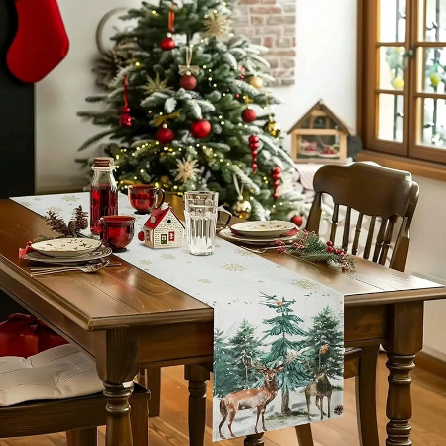 JIT 1 Weihnachts-Tischläufer aus Polyester mit Hirsch- und Kiefernwald-Motiv, rustikale Esstisch-Dekoration, B/T/H: 45 x 30 x 30 cm - Bild 2