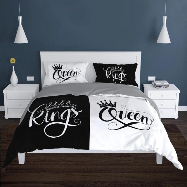 Modernes 2-teiliges Bettwäsche-Set Your Warm Home mit grafischem Kronen-Design in Schwarz-Weiß für Erwachsene, bestehend aus 1 Bettbezug und 2 Kissenbezügen - Bild 1