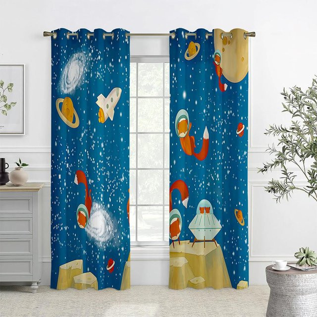 Yiran Furniture Vorhänge mit Cartoon-Astronauten-Druck in Blau, thermoisolierend und lichtundurchlässig, Breite: 132 cm, Höhe: 183 cm - Bild 1