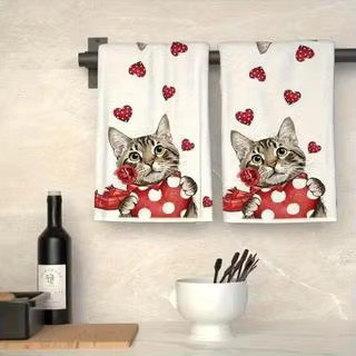 2er-Pack moderne Küchentücher aus Polyester mit Cartoon-Kätzchen-Herz-Design, super saugfähig und maschinenwaschbar, Mehrfarbig, B/H: 40 x 60 cm - Bild 2