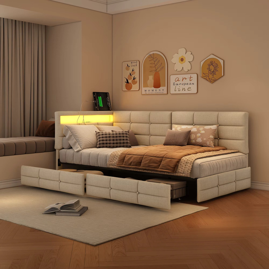 Rosahqnda Kinderbett aus Leinenstoff in Beige mit USB-Anschluss, LED-Beleuchtung und 2 Schubladen, B/T/H: 90 x 200 cm - Bild 2