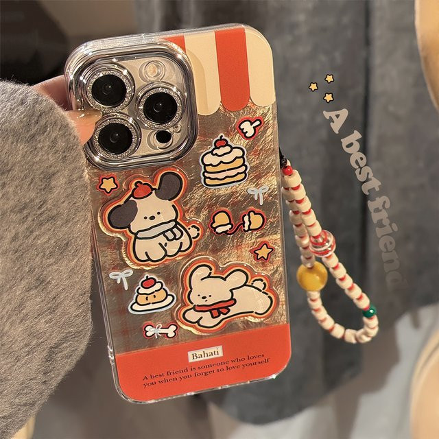 Koreanische Cartoon-Welpen-Handyhülle mit Karomuster und Kette für iPhone, stoßfeste Hartschale, multicolour - Bild 1
