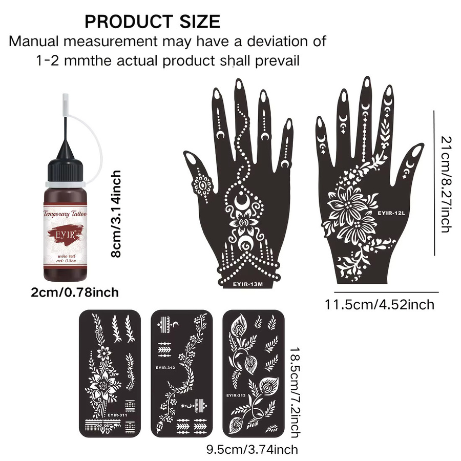 EYIR Tattoo-Paste mit 5 Schablonen-Sets, Rotwein, Körperbemalung - Bild 6