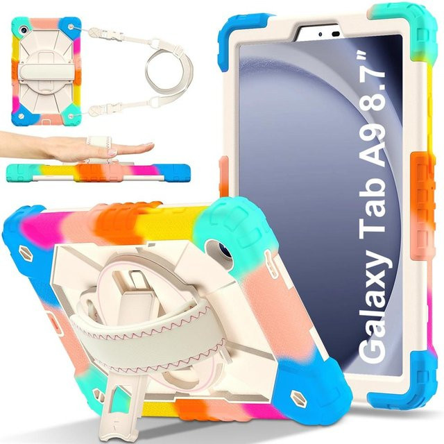 Samsung Galaxy Tab A9 8,7 Zoll SM-X110 SM-X115 Kinder Schutzhülle aus Silikon und PC mit Schultergurt und Ständer in Multicolour - Bild 1